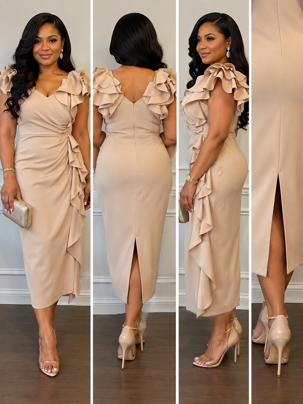 SHEIN Beige Ruffled Wrap Midi Dress